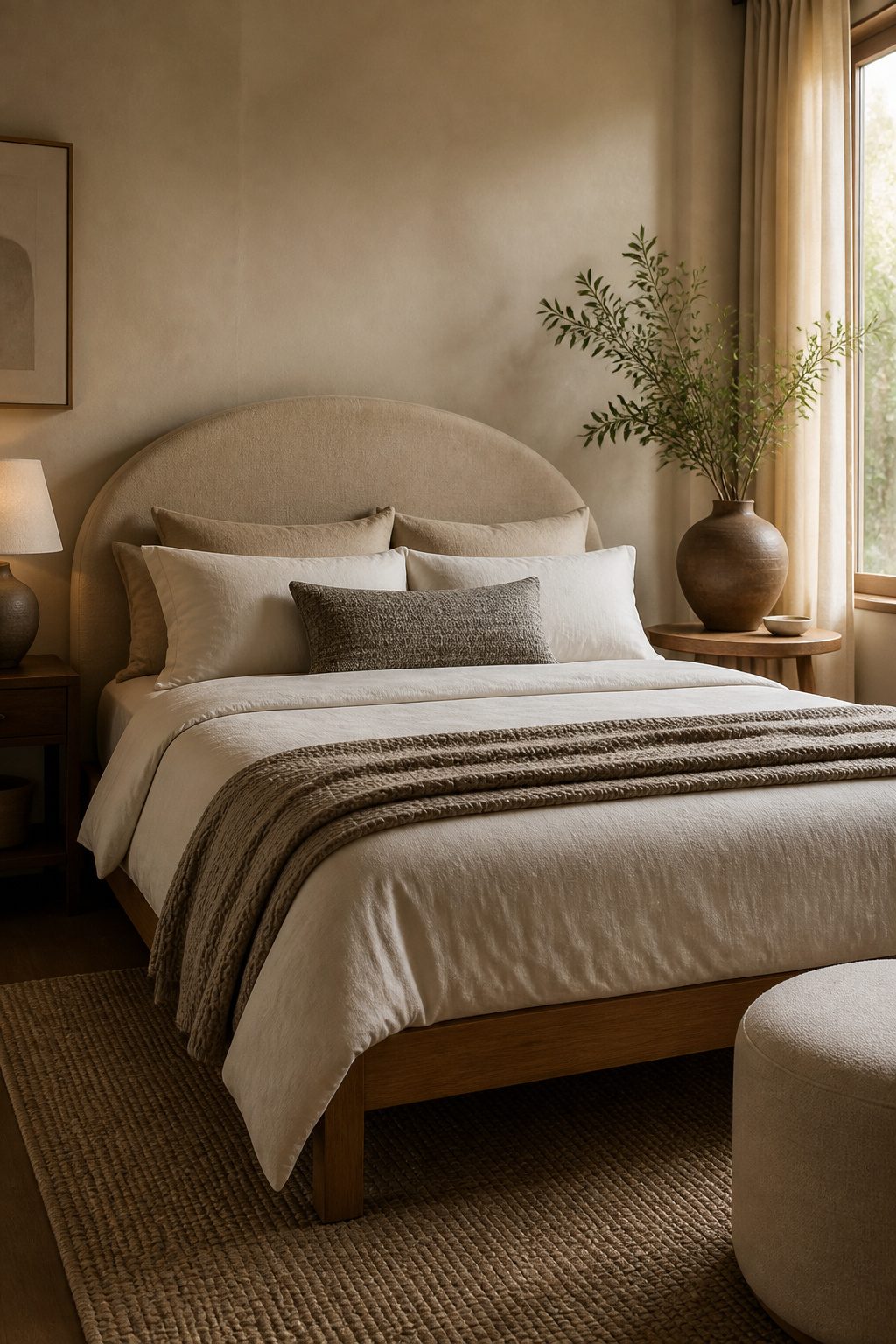 A full bed with rounded headboard and curved lamp.