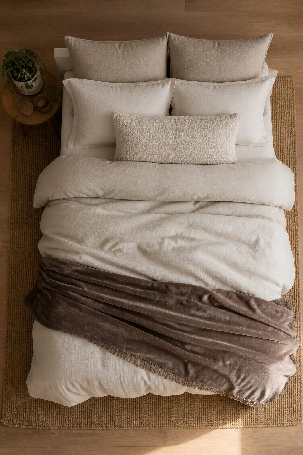 A full bed layered with linen, bouclé, and velvet fabrics.