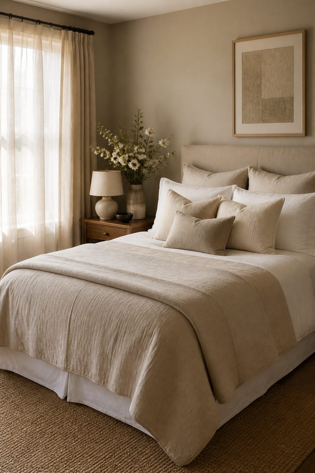 A full bed with neutral bedding in sandy and almond shades.