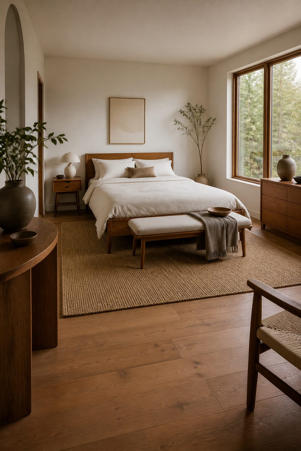 A full bed with slender nightstands and a low-profile bench.