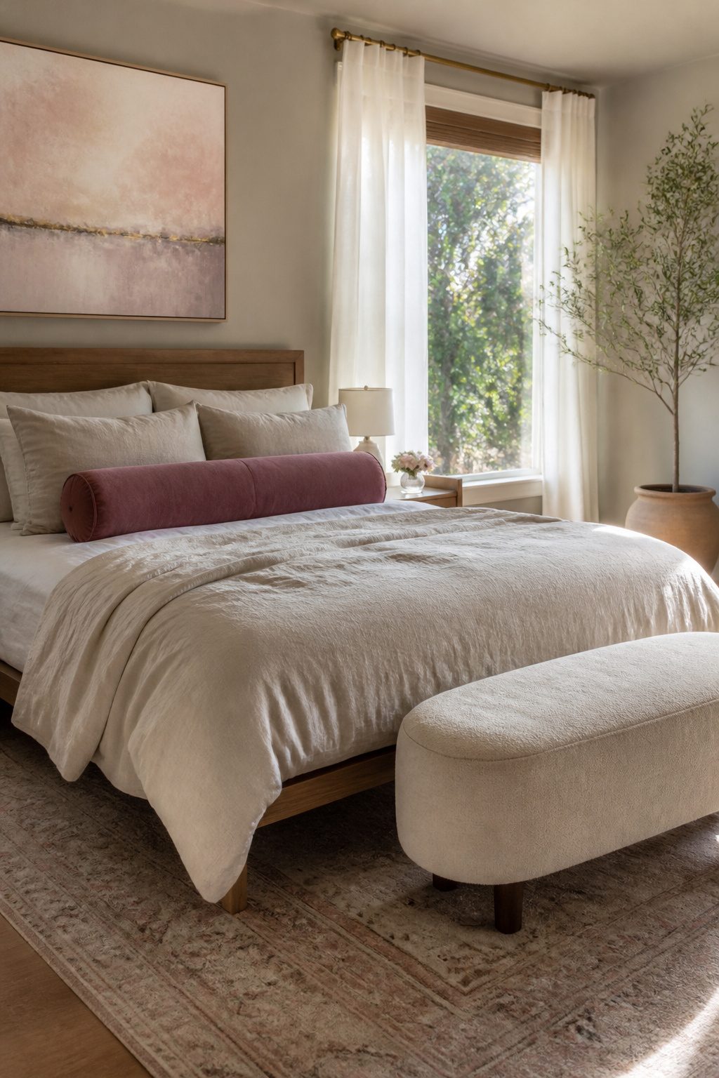 A full bed layered with linen duvet and velvet pillows.