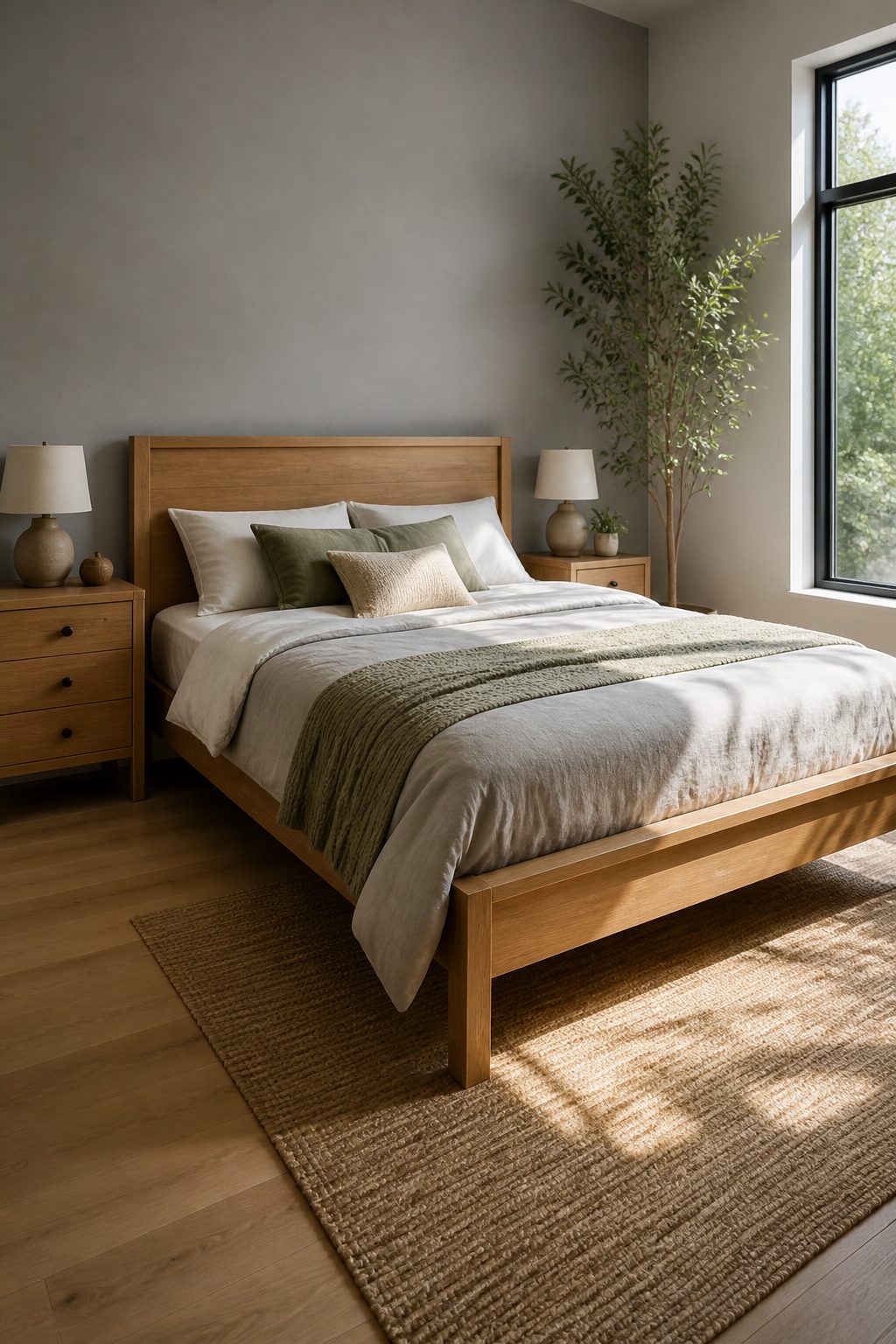 A full bed with a natural oak frame and light timber side tables.