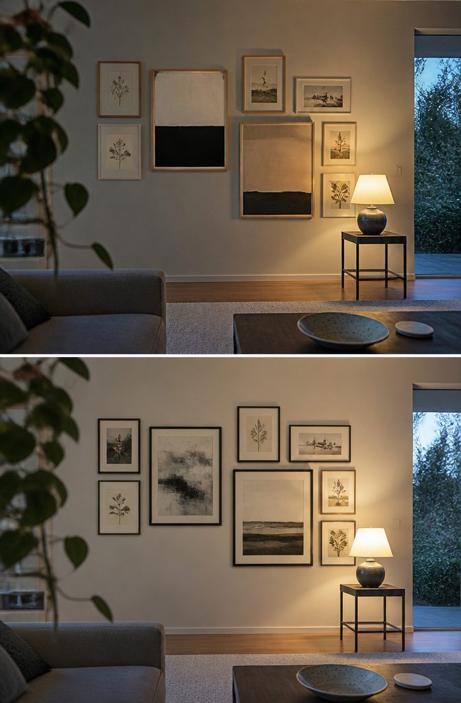 Living room gallery wall with frames arranged in a symmetrical grid