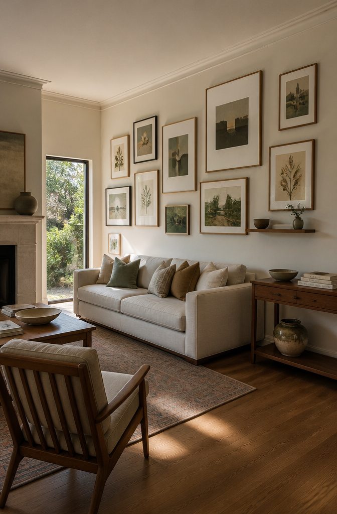 Living room gallery wall above a sofa with frames arranged around nearby furniture