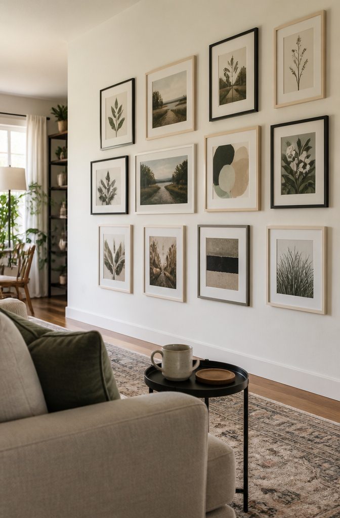 Living room gallery wall with botanical landscape and abstract frames above a sofa
