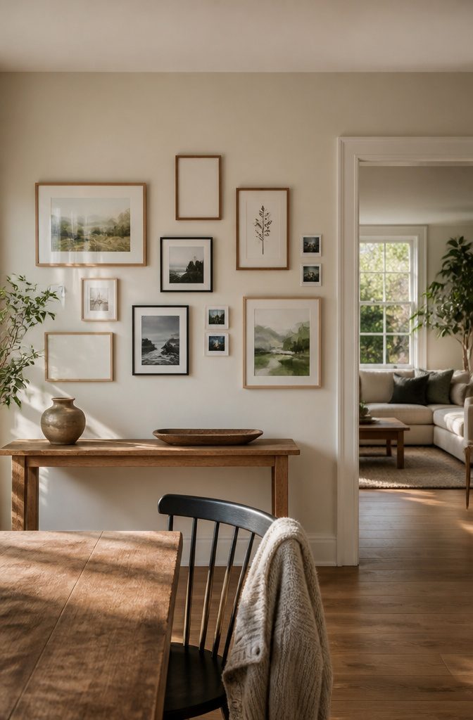 Gallery wall with family snapshots travel prints and personal artwork among open spaces