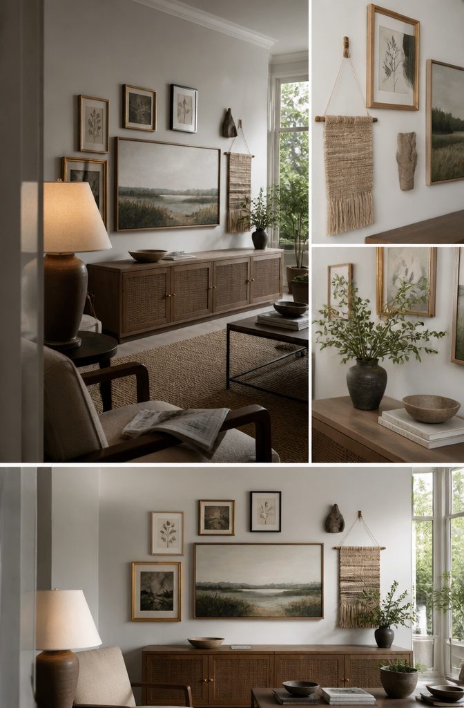 Gallery wall with tall and wide frames showing photography paintings and a sculptural piece