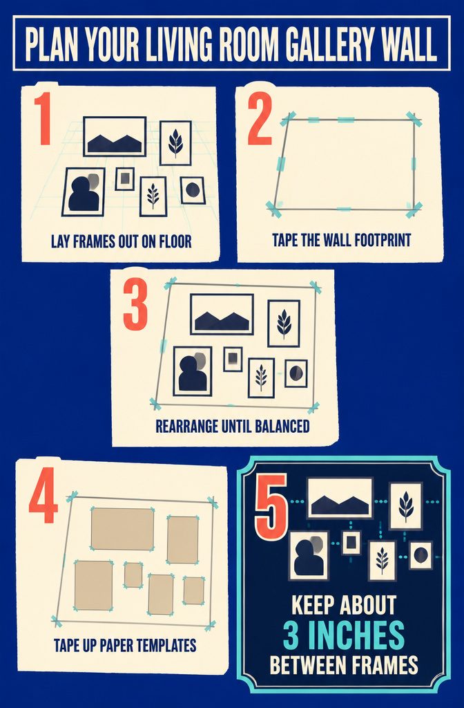 Gallery wall planning templates taped up in a living room above furniture