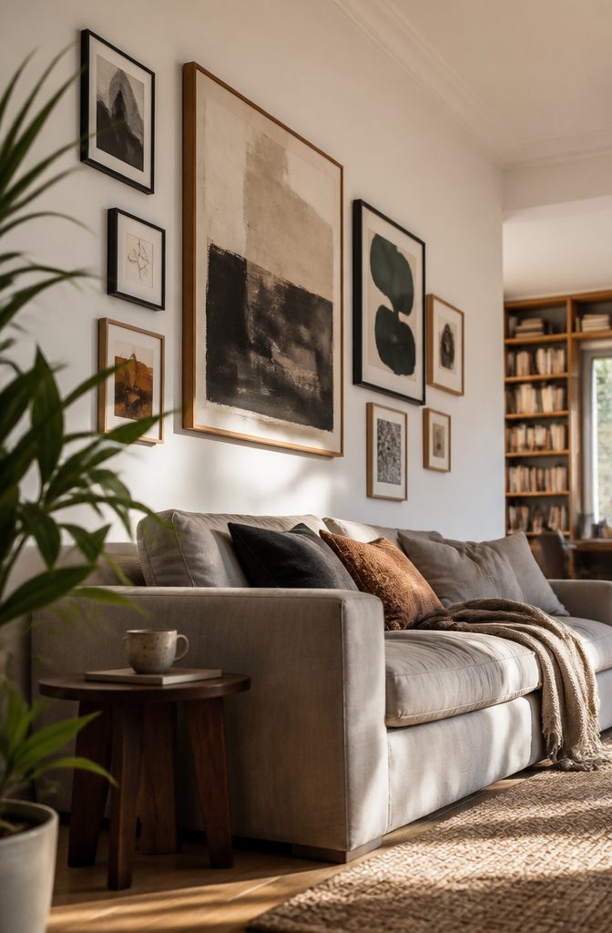 Living room gallery wall with a large off-center artwork surrounded by smaller frames