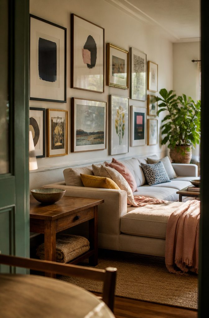 Living room gallery wall with black-and-white prints vintage paintings and pink and yellow accents