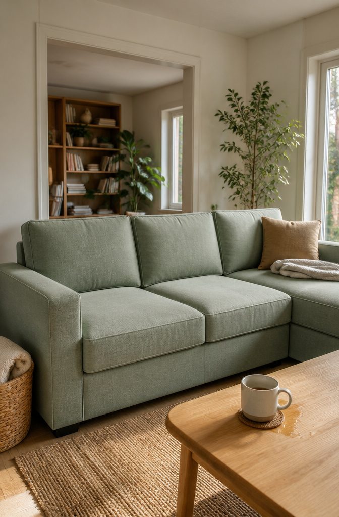 Light-colored modular sofa with water droplets beading on its fabric
