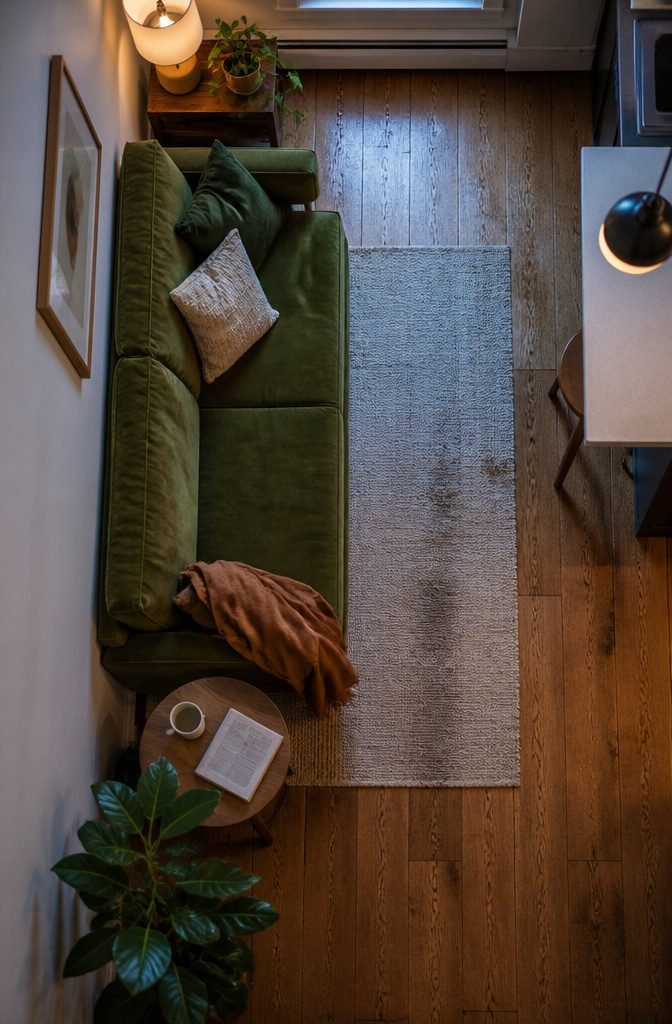 Green sofa in a compact living room with limited floor space