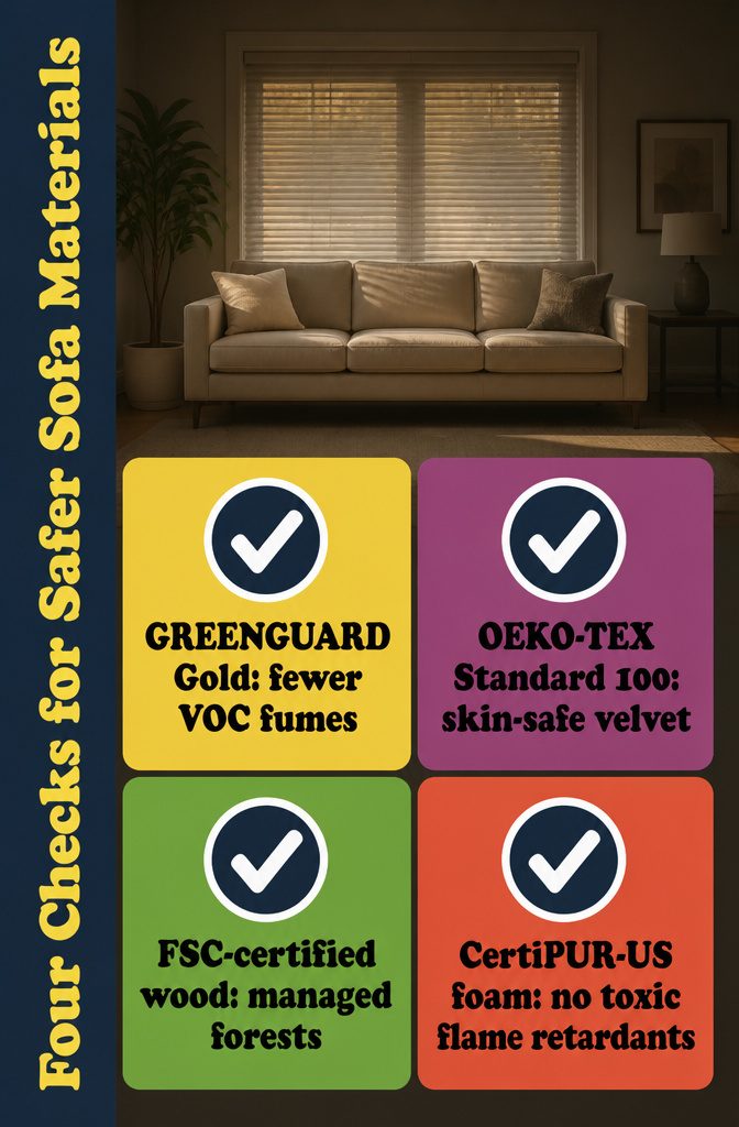 Information graphic titled Four Checks for Safer Sofa Materials