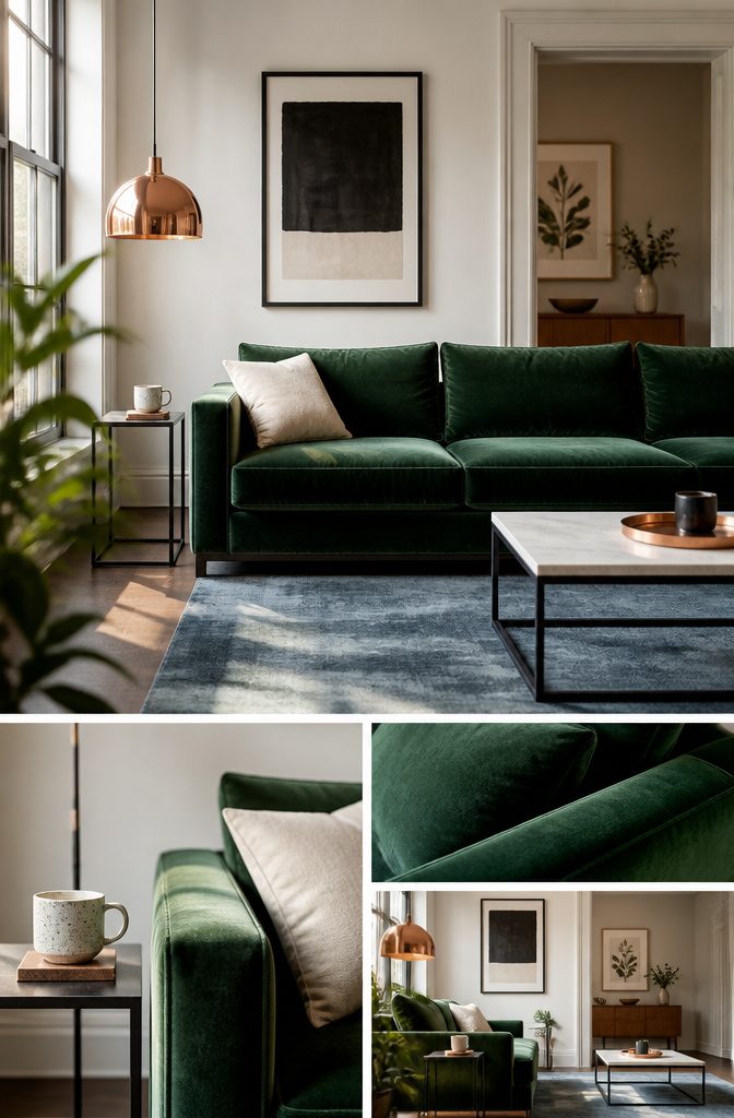 Green living room sofa with black and white furnishings