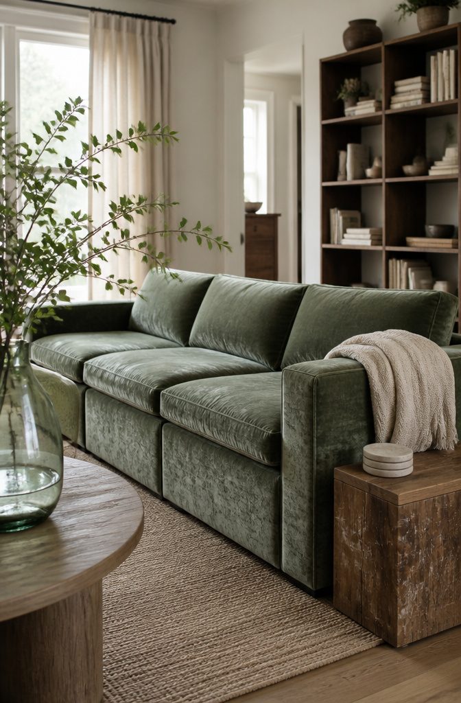 Rosemary velvet modular sofa with a washable throw over one end