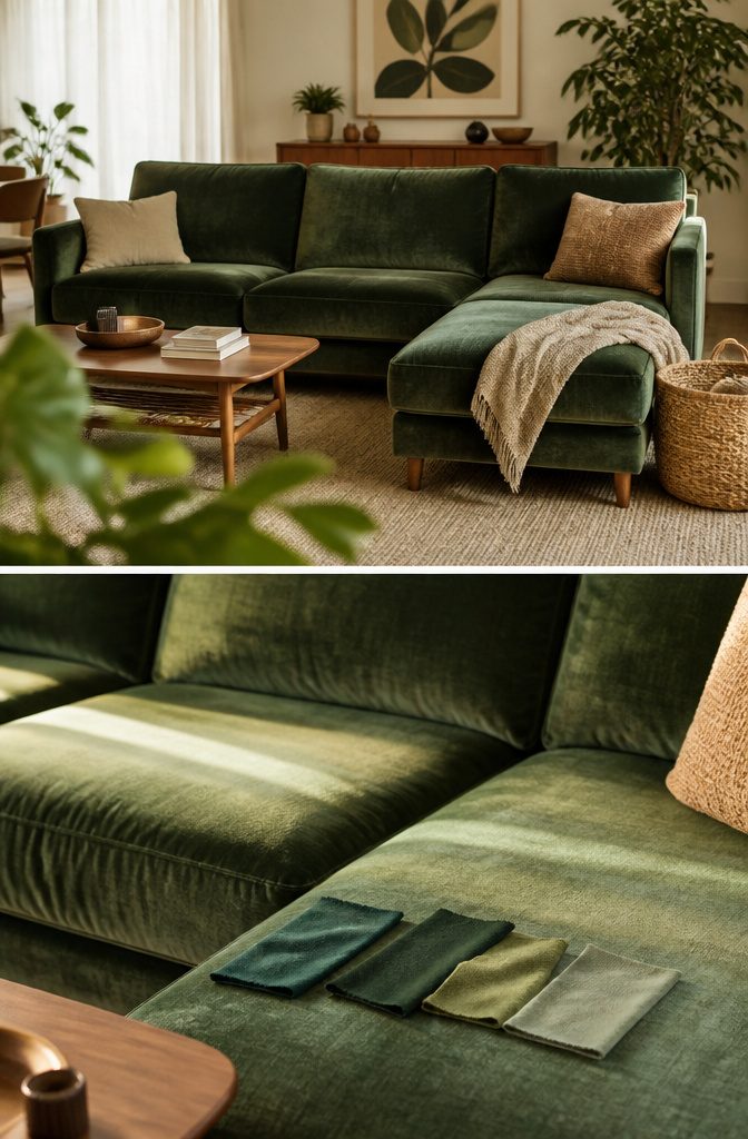 Green velvet sofa in a living room with midcentury-style furnishings