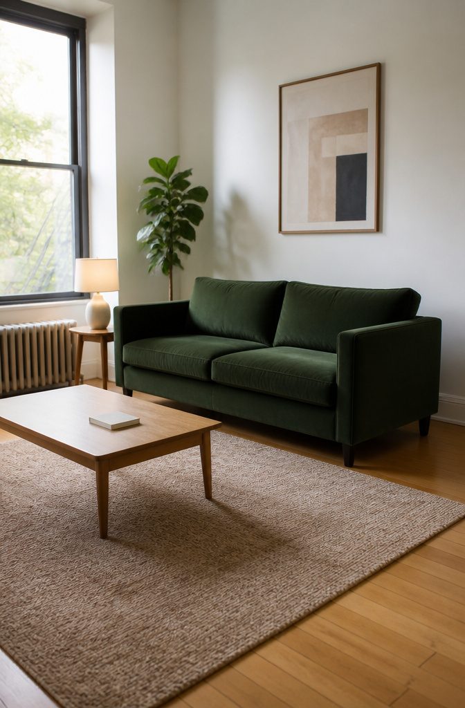 Green velvet sofa in a small apartment living room