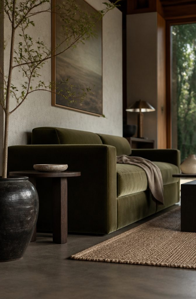 Olive-green velvet sofa with a clean-lined silhouette
