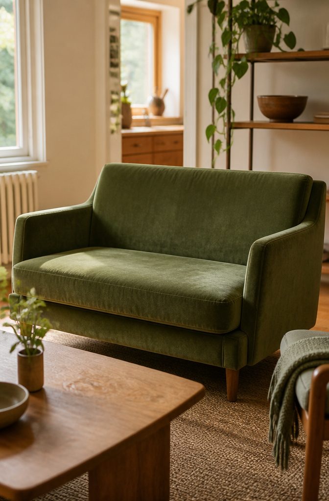Green couch in a living room with understated furnishings