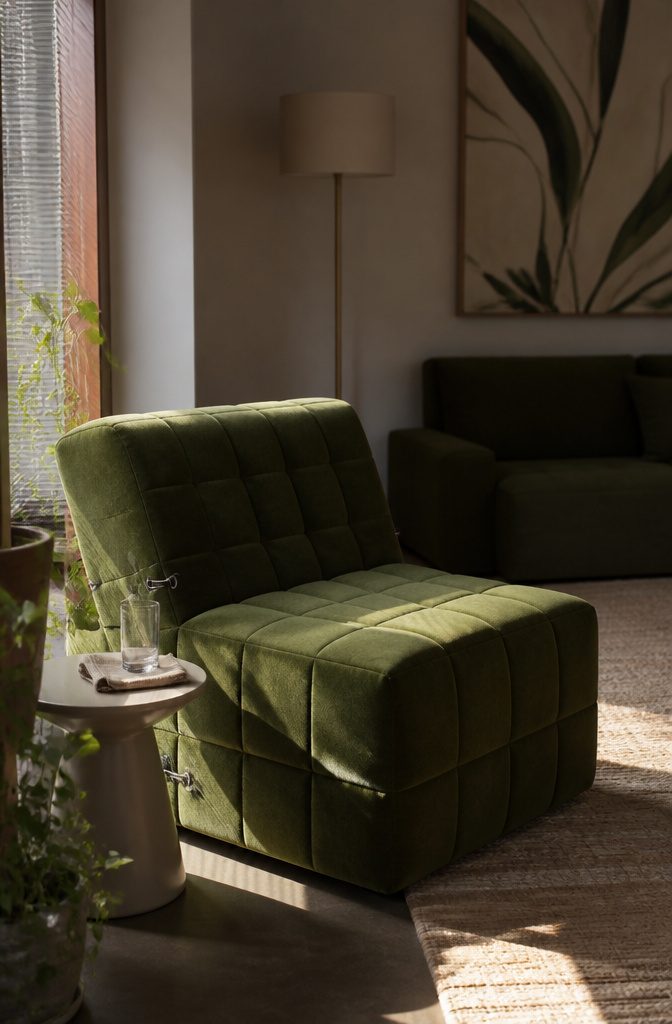 Green velvet chair with box-stitched topper and clips joining seat and back
