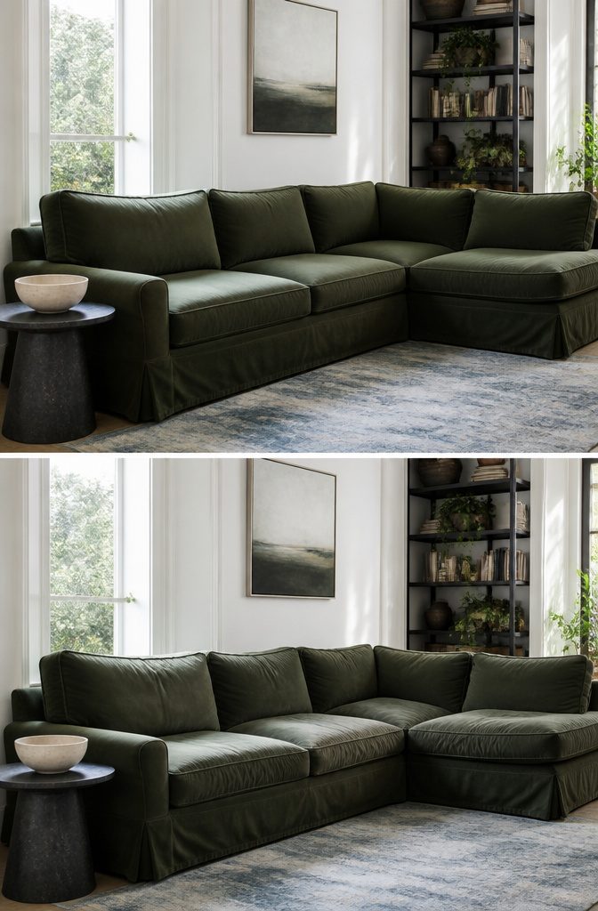 Green velvet sofa in a living room with neutral furnishings