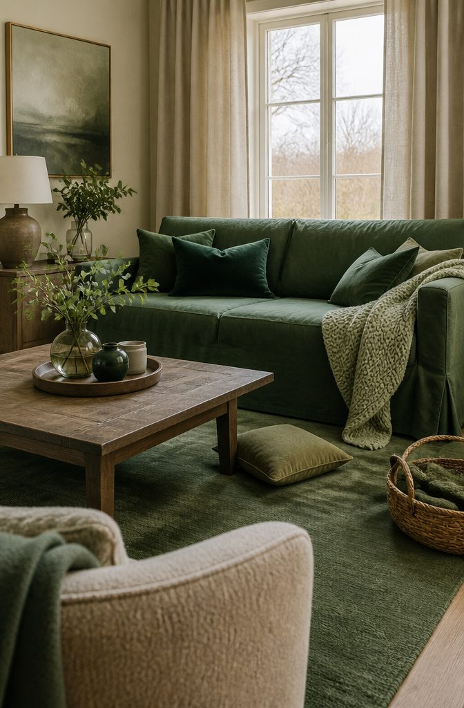 Beige sofa with forest-green slipcover and emerald cushions beside a green rug