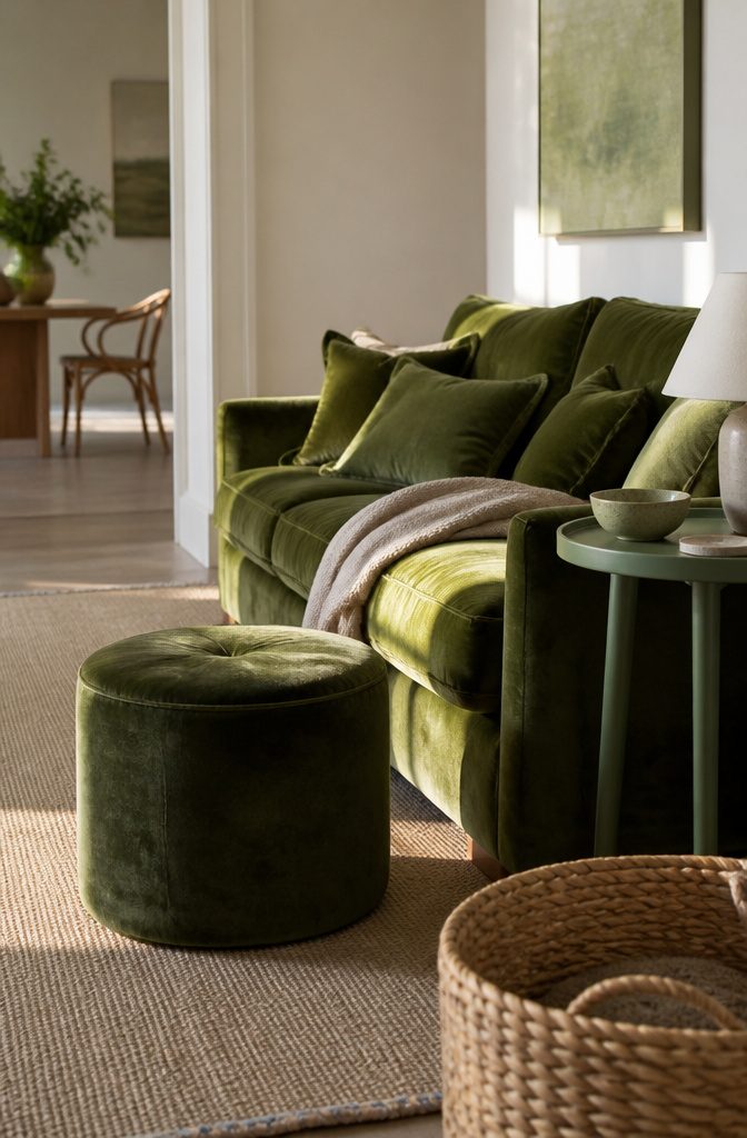 Green sofa and matching stool in a living room with pale walls