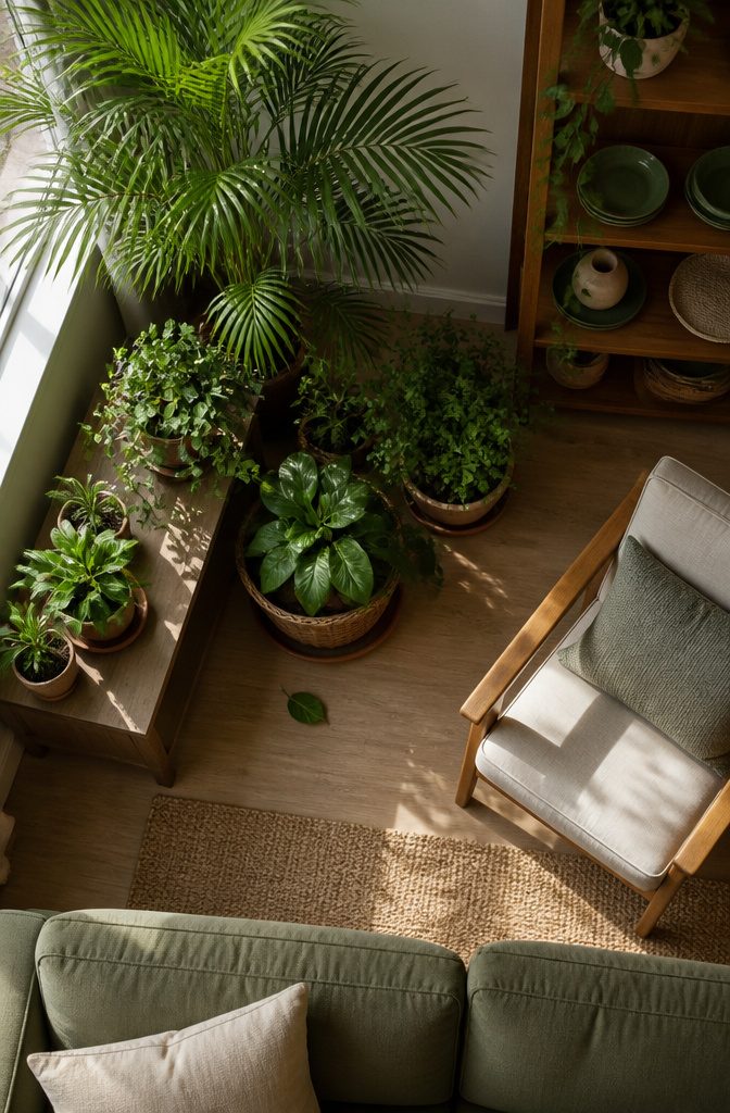 Houseplants in terracotta pots and woven baskets grouped in a living room corner