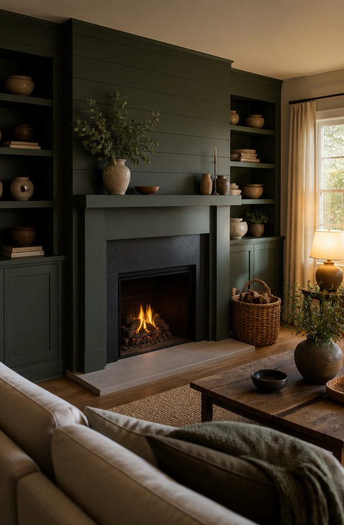 Fireplace wall with deep green painted shiplap and matching built-in shelves