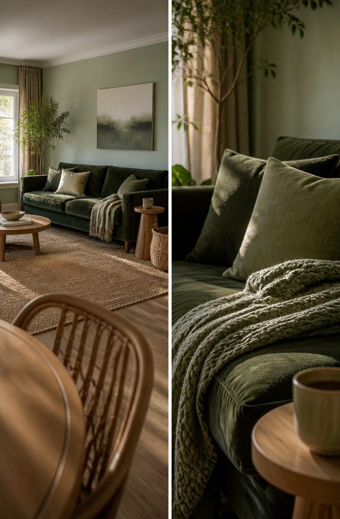 Pistachio living room walls with forest-green furniture and olive accessories