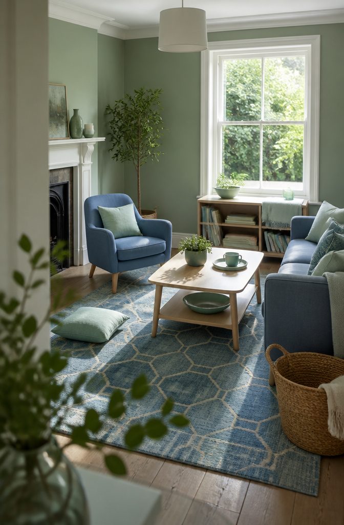 Blue upholstered armchair and geometric rug in a muted green living room
