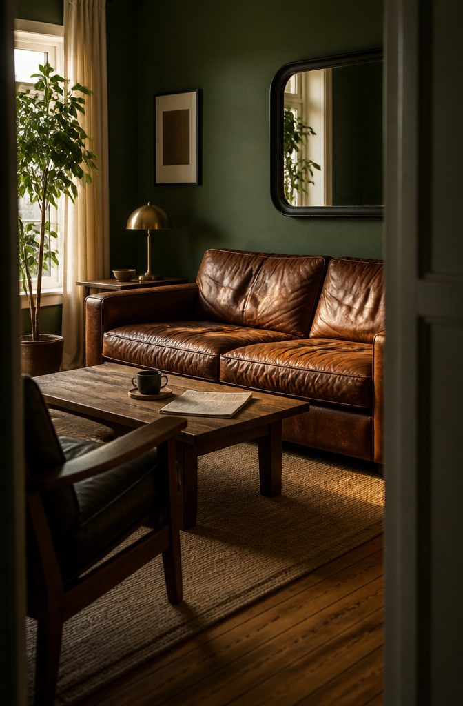 Brown leather couch and dark wood furniture against moss-green living room walls