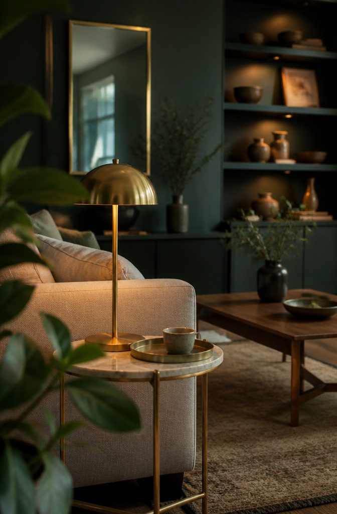 Dark green living room wall with brass table lamp and slim gold mirror