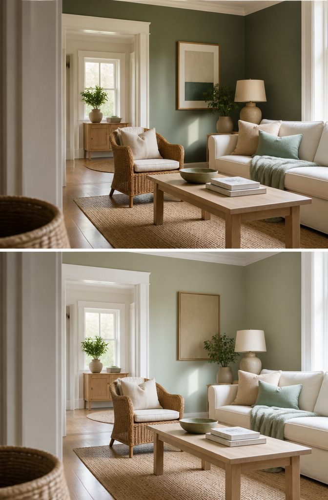 Muted green cottage walls with cream trim and natural wicker furniture