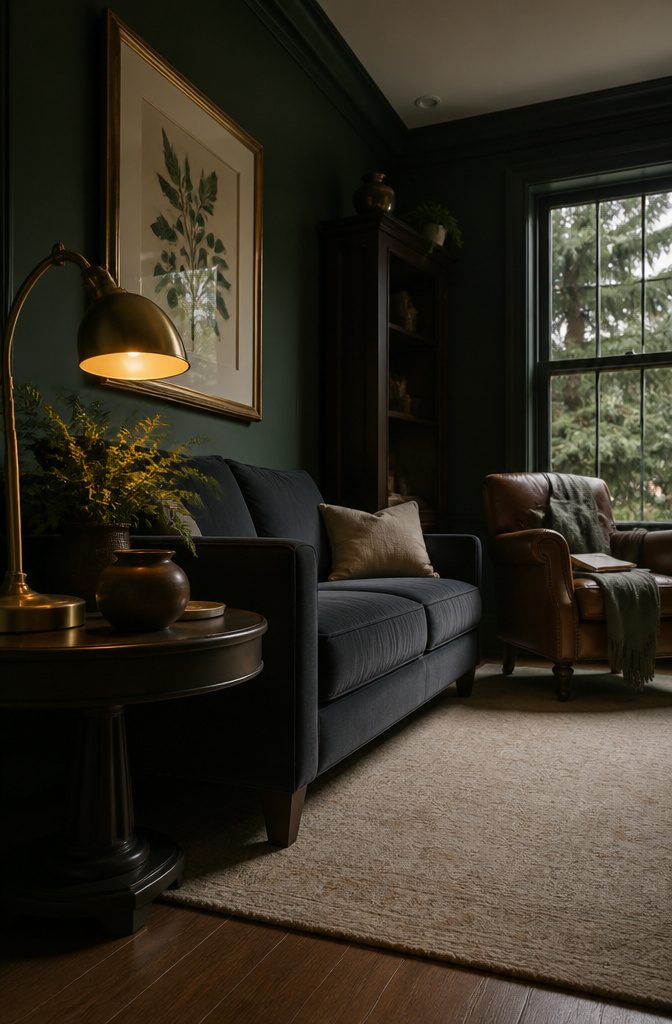 Dark green living room walls with black furniture and dark artwork