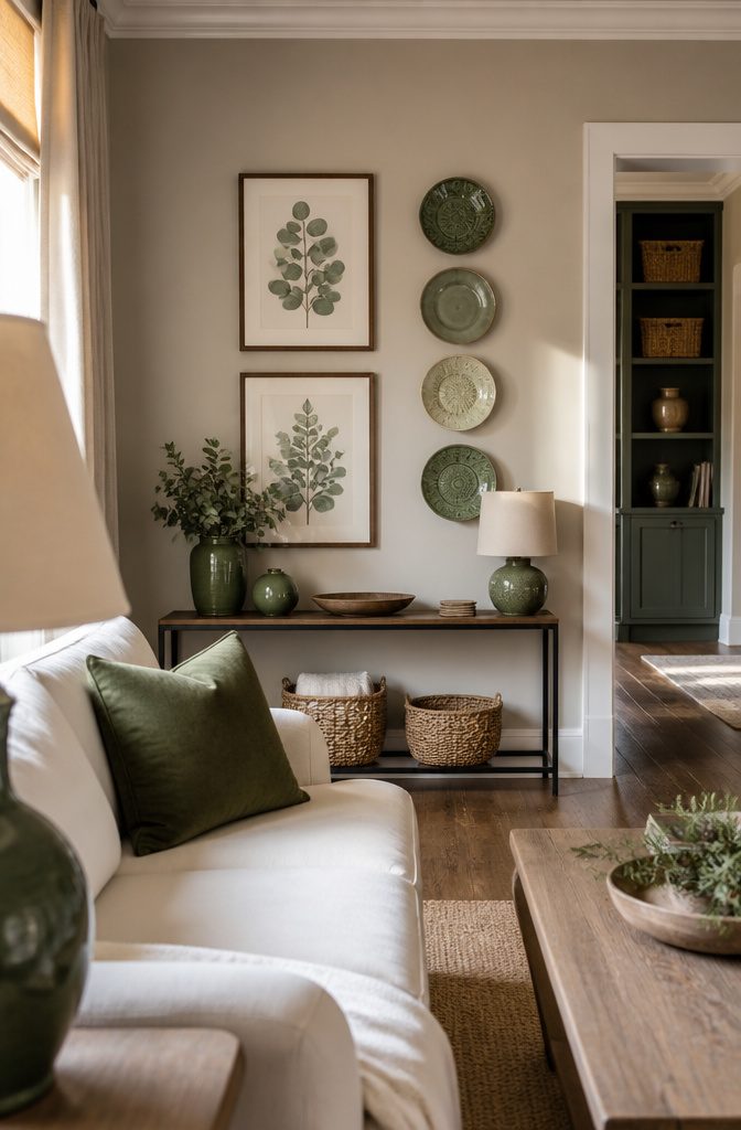 Green botanical prints and decorative plates arranged on a living room wall