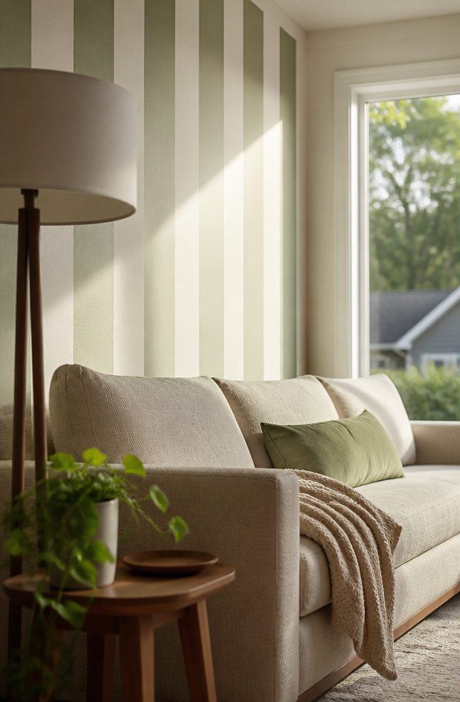 Living room wall with narrow green stripes alternating with white and cream bands
