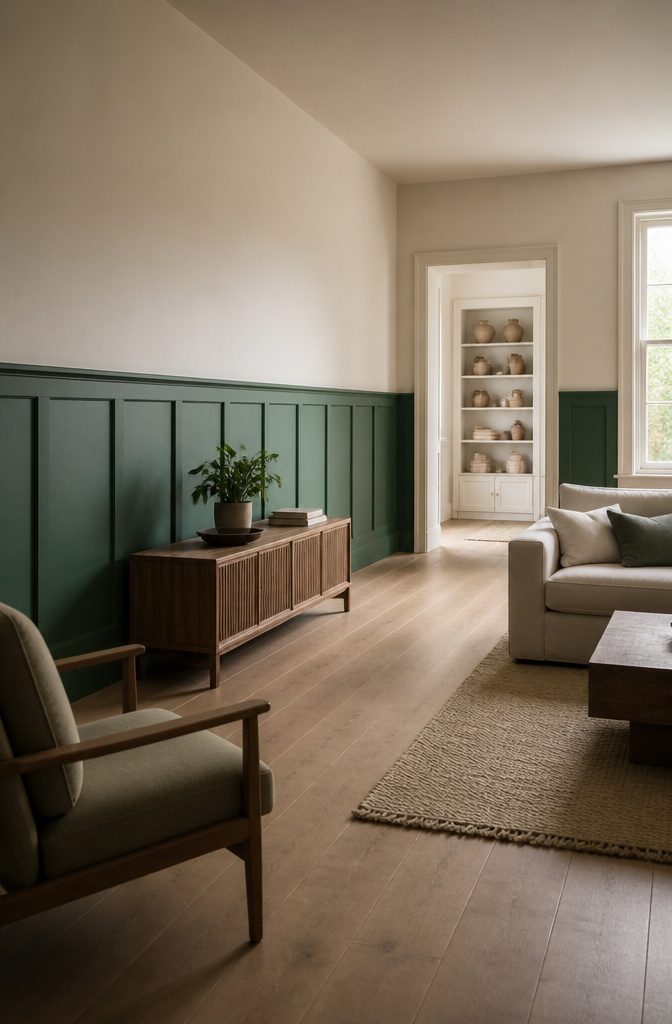 Green-blue wood wall panels beneath a neutral beige living room wall