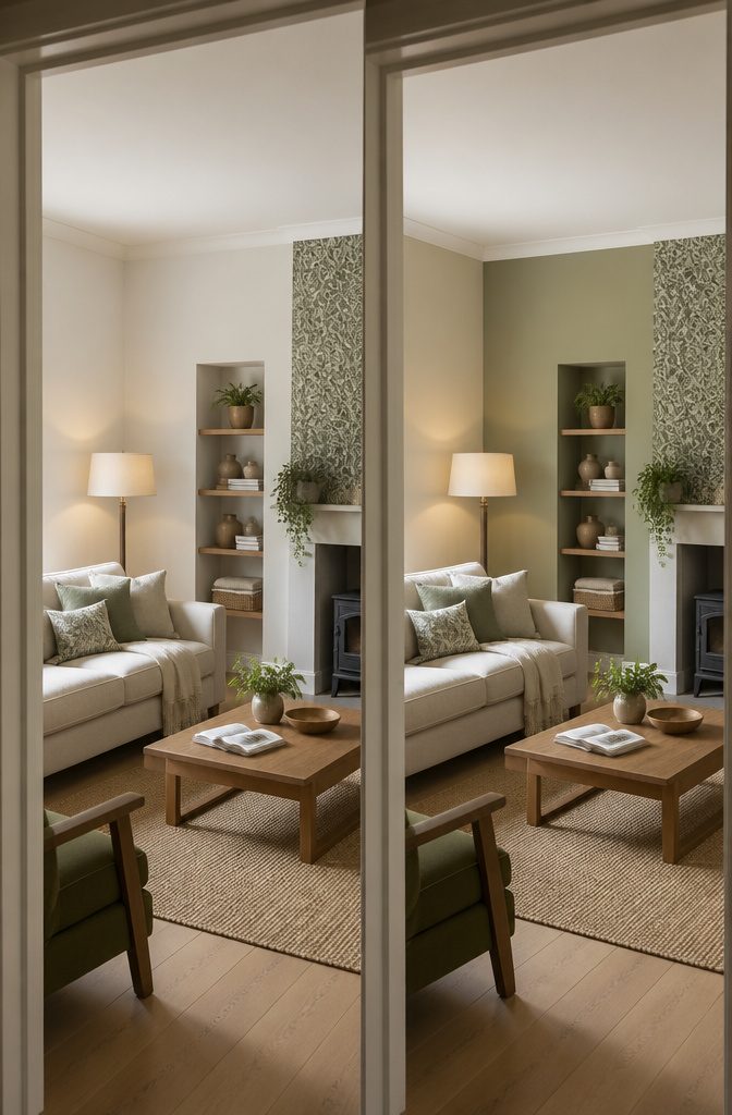 Green painted living room walls surrounding neutral furnishings