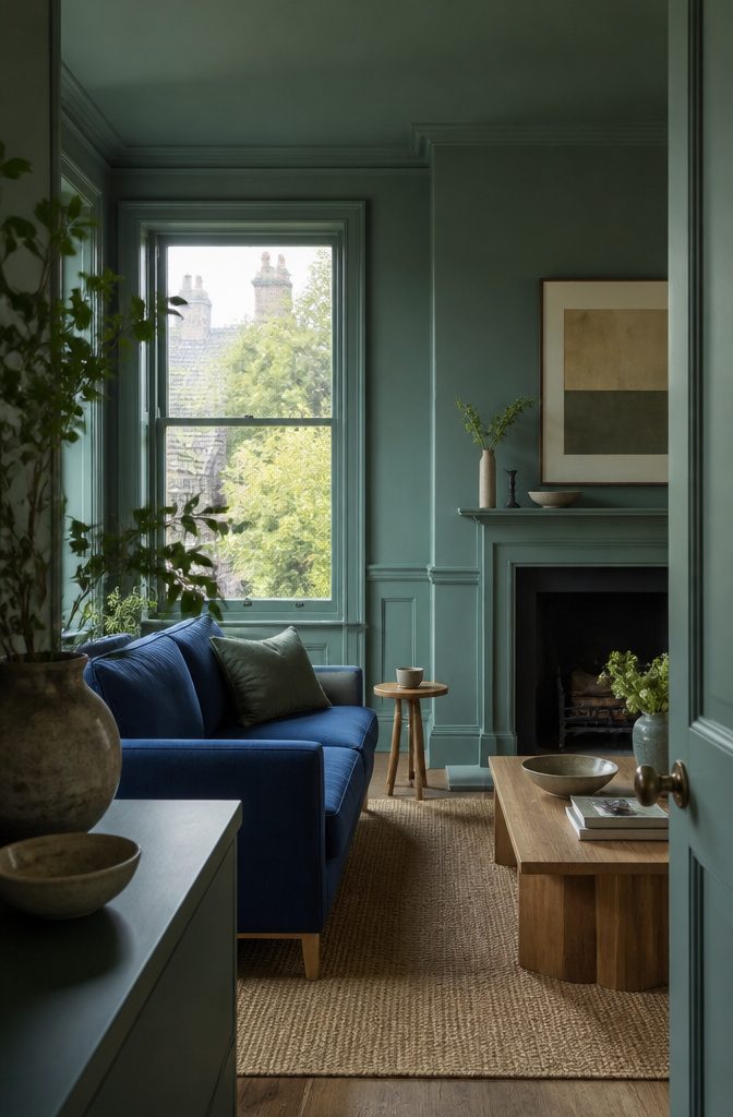 Blue-green living room walls trim and fireplace surround with a blue sofa
