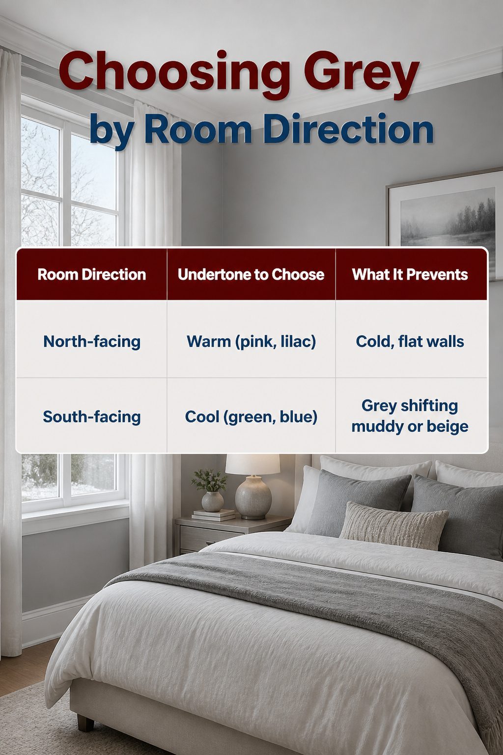 Room direction chart matching north and south facing rooms to grey undertones