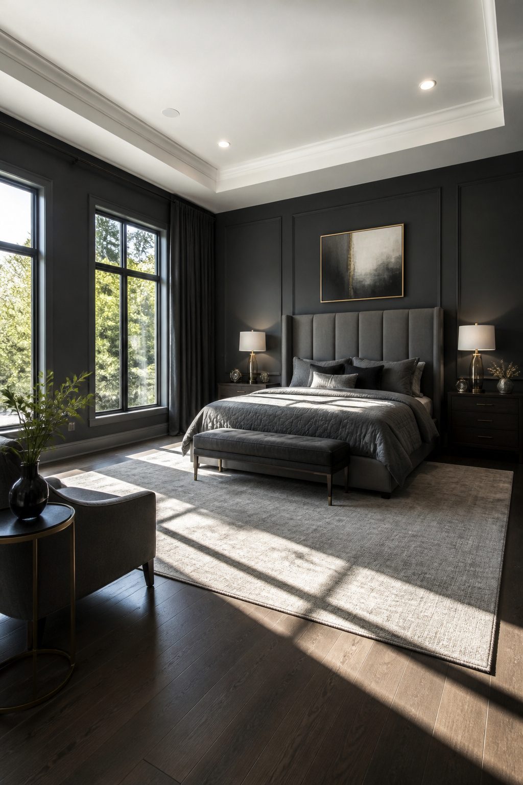 Dark charcoal bedroom with white ceiling and contrasting bedding