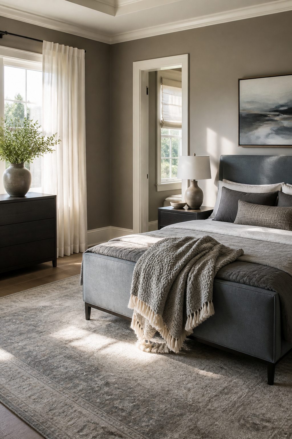 Grey bedroom with blue upholstered bed white trim and textured throw