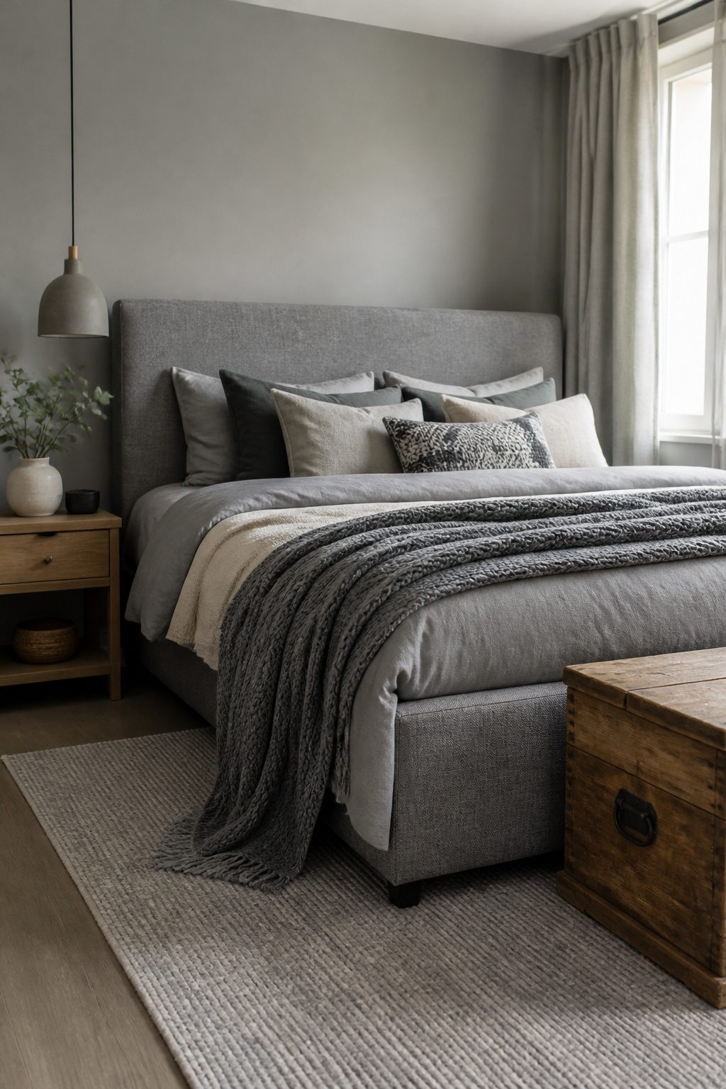 Grey bedroom with upholstered bed and warm wood furniture