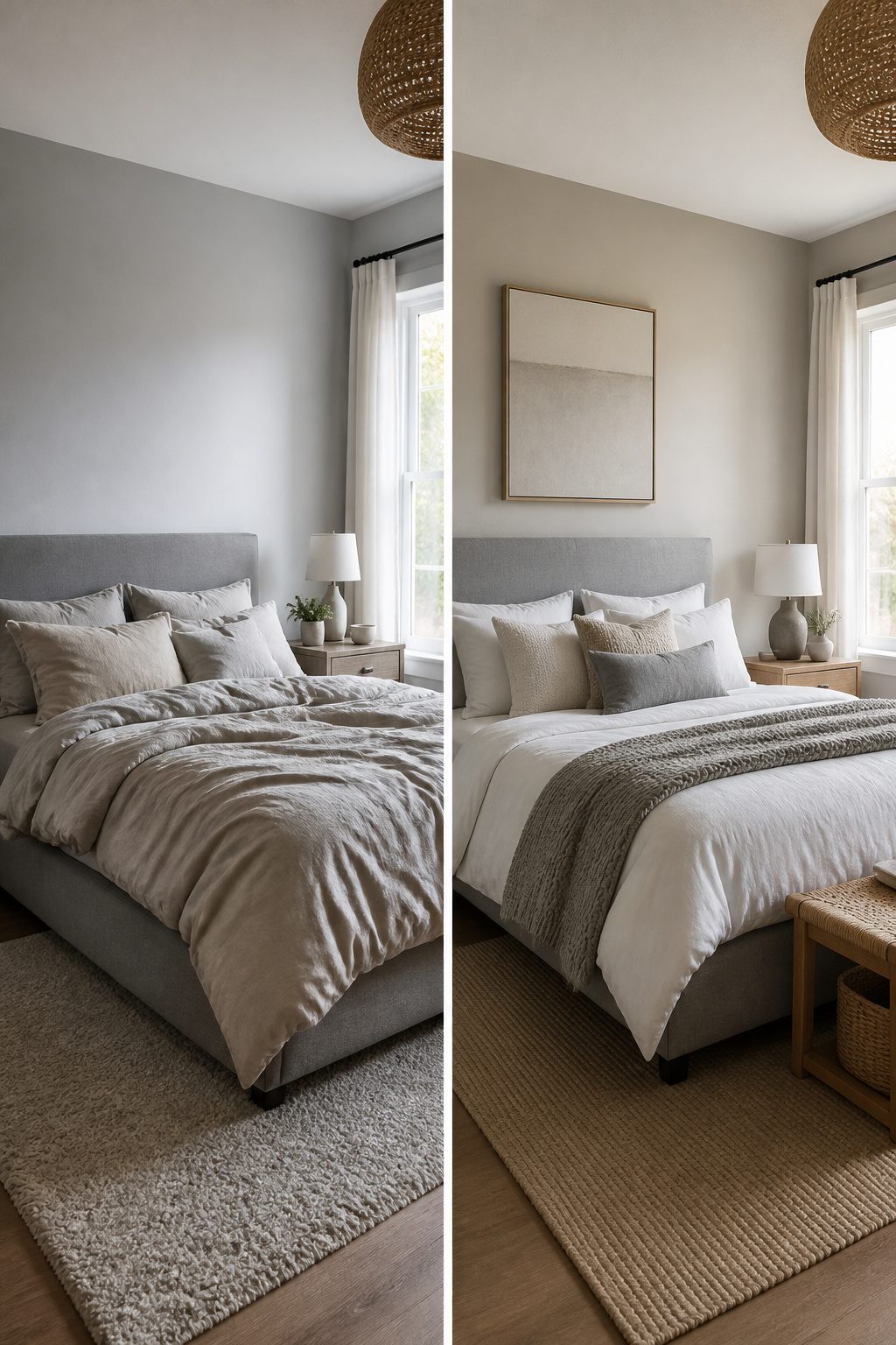 Greige bedroom with wood furniture woven accents and neutral bedding