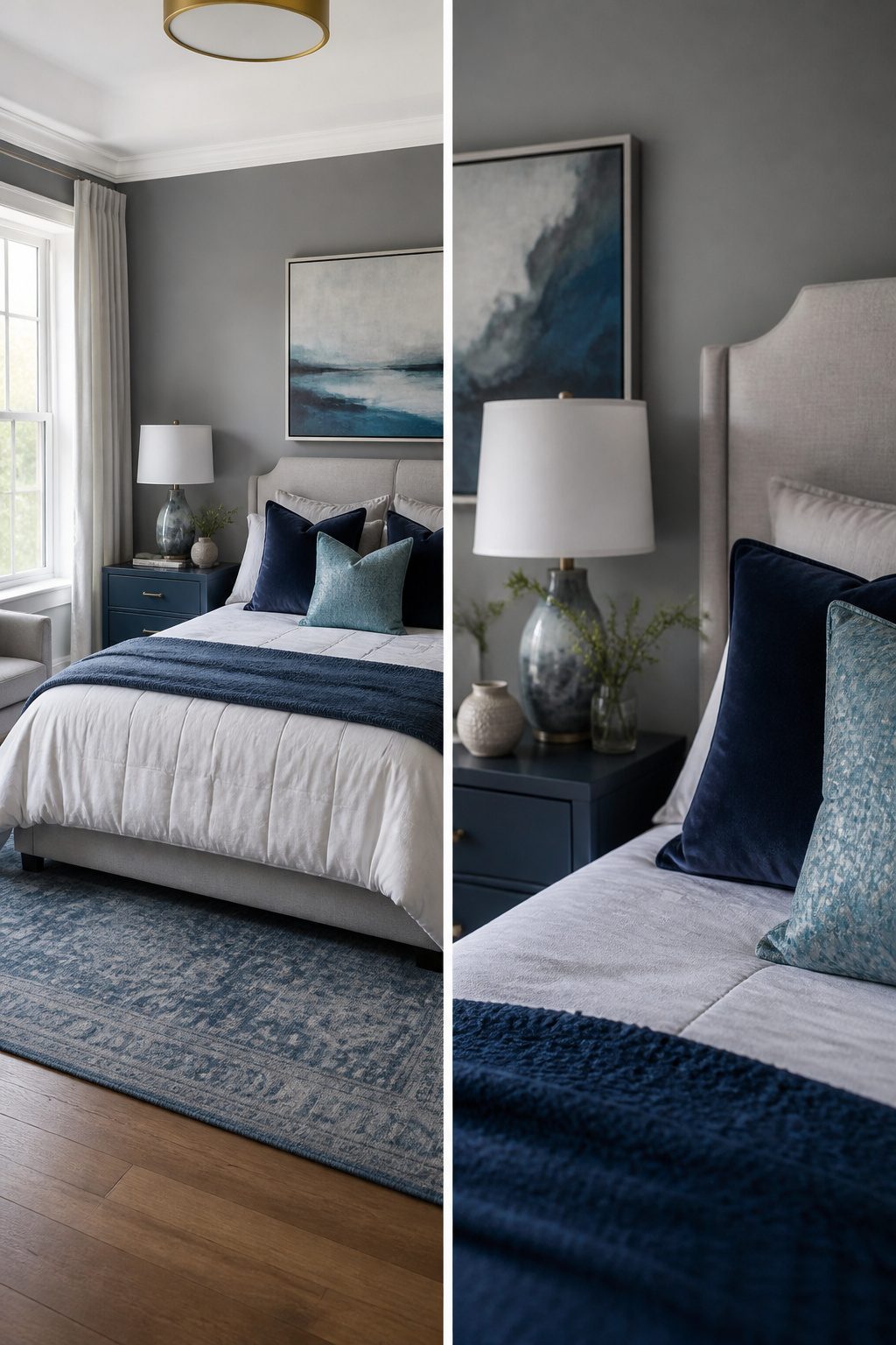 Grey bedroom with blue accents and layered bedding