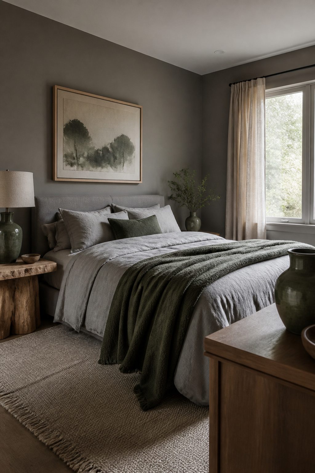Grey bedroom with forest green throw linen drapes and live edge nightstand