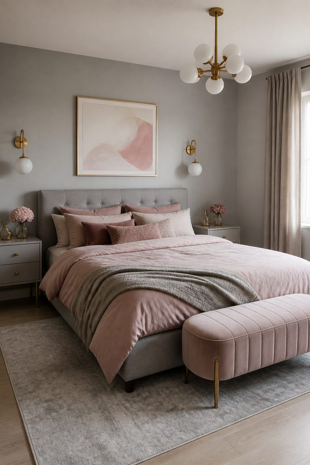 Pale grey bedroom with dusty rose bedding gold hardware and retro lights