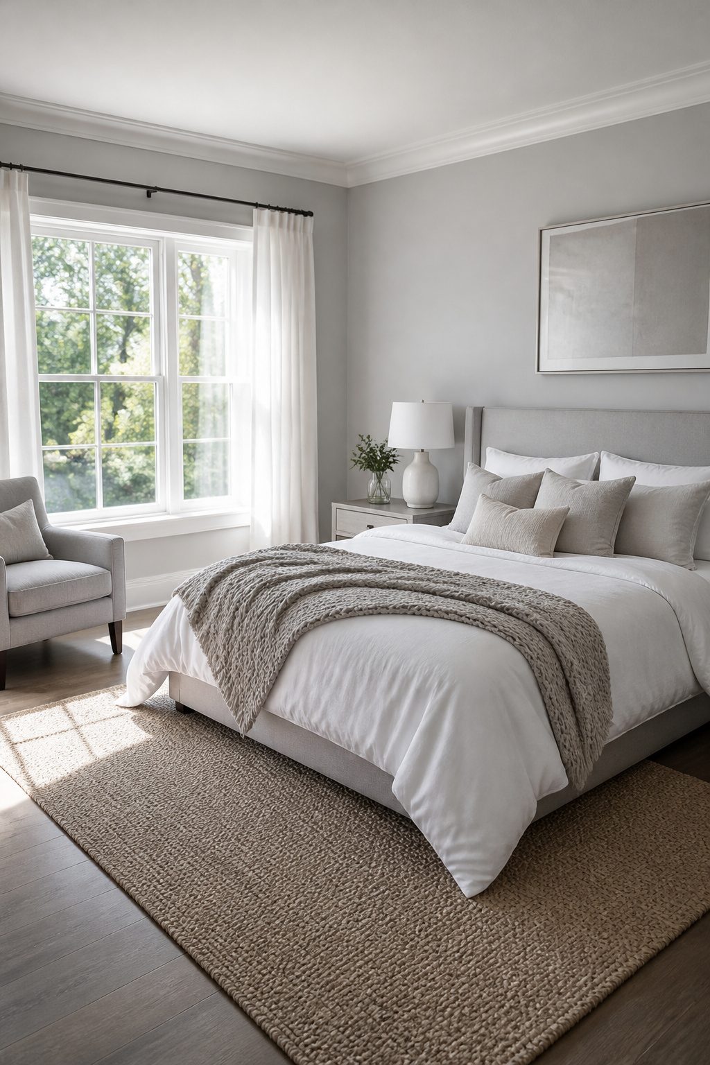 Light grey bedroom with white bedding curtains knitted throw and linen cushions