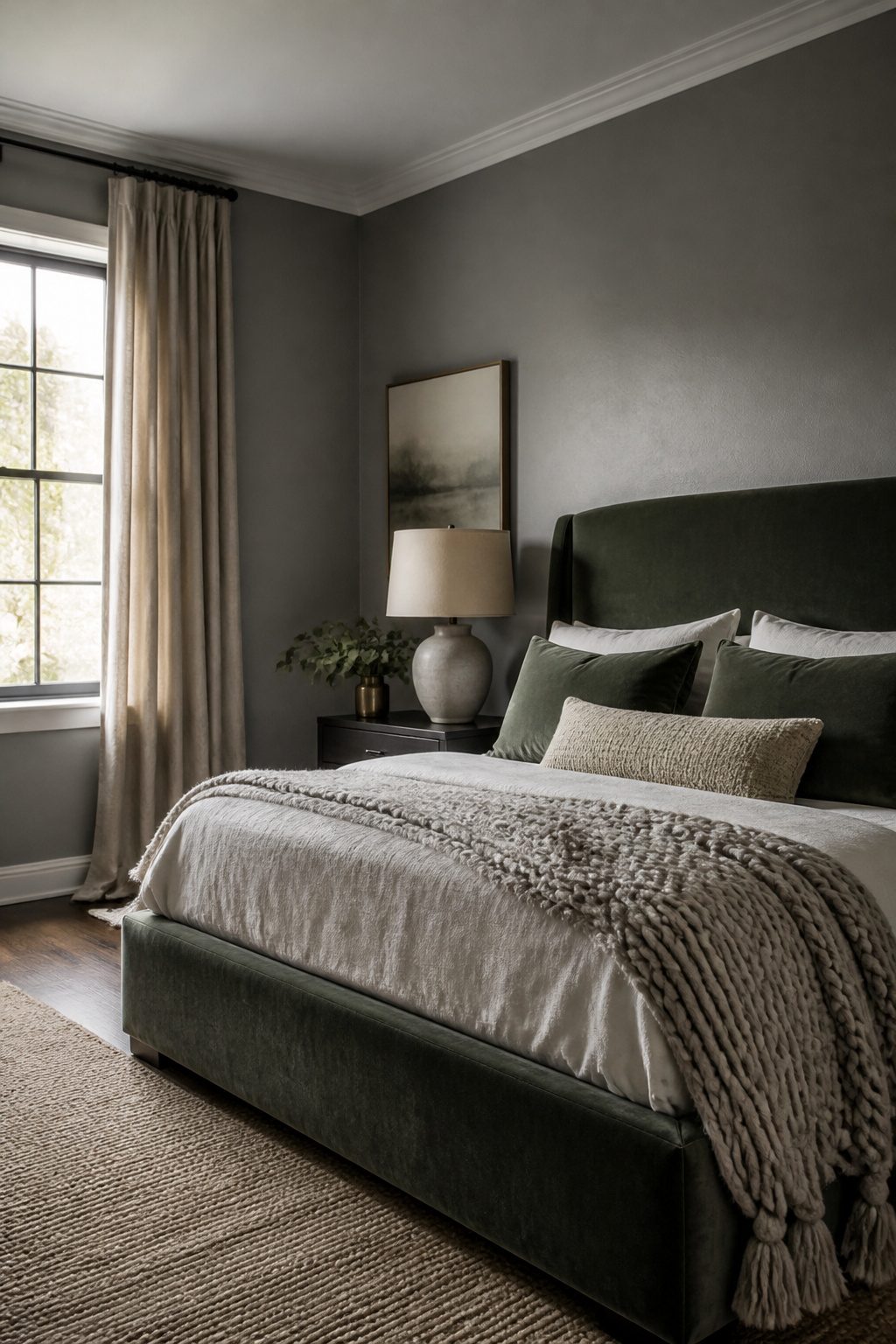 Grey bedroom with green velvet bed linen curtains and chunky knit throw